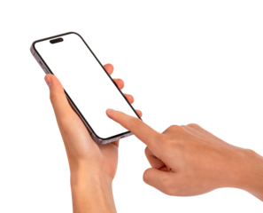 Hands using a smartphone with blank customizable screen isolated on transparent PNG.