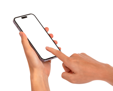 Hands using a smartphone with blank customizable screen isolated on transparent PNG.	