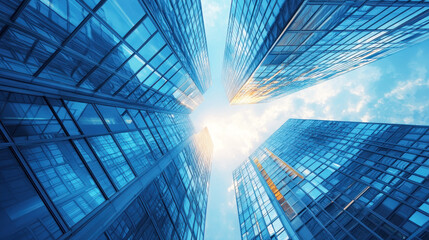 Modern skyscrapers against a clear blue sky. The architecture concept of urban living. The image emphasizes the modernity and efficiency of contemporary buildings.
