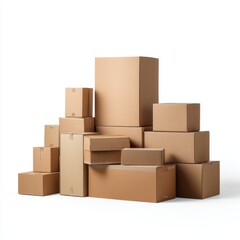 Fototapeta premium Stack of cardboard boxes on white background studio shot for moving shipping delivery or storage concept