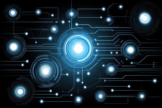 Circuit board pattern with glowing blue circles