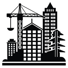 Obraz premium Monochrome Construction Scene of Skyscrapers and Cranes Symbolizing Urban Development, Progress, and the Skyline's Architectural Growth Depicted in Silhouette