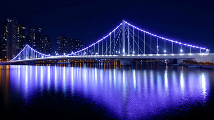 Obraz premium A stunning illuminated bridge reflecting on the water, showcasing modern architecture against a night city skyline.