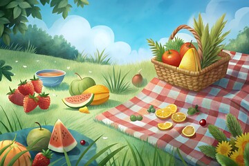 Vibrant summer picnic spread on a sunny grassy hillside