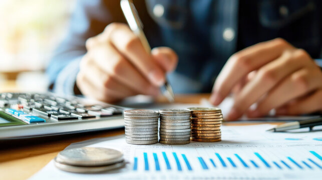 A person's hands holding a pen and a calculator, with a stack of coins in the foreground. - Powered by Adobe