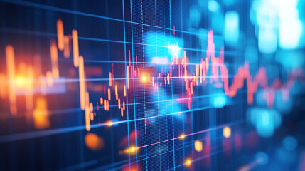 A digital stock market graph with a blue and red color scheme, displaying financial data on a grid.