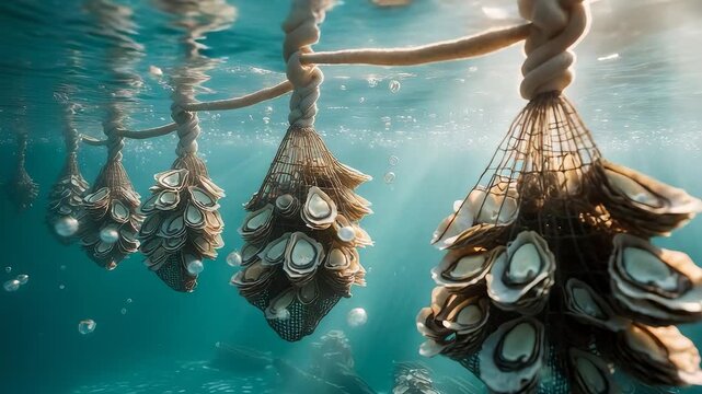Underwater oyster farming nets with clusters of oysters growing in clear ocean water showcasing aquaculture and sustainable seafood cultivation