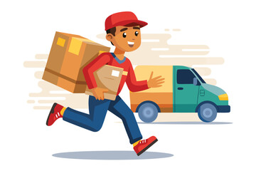 Cartoon Delivery Boy Running with Packages Expressing Speed and Efficiency in Service for Fast Delivery Solutions