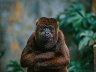 Fototapeta premium Brown monkey with crossed arms gazes thoughtfully at the viewer, surrounded by lush green foliage, showcasing a moment of contemplation in a natural habitat