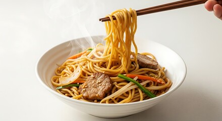 Steaming bowl of delicious stir-fried noodles with meat and vegetables is lifted.