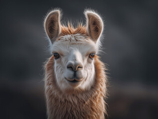 Fototapeta premium Llama with soft, fluffy fur and expressive eyes stands against a blurred background, showcasing its unique features and friendly demeanor in a serene environment