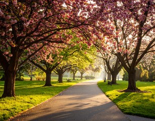 Fototapeta premium Spring blossoms line a park path