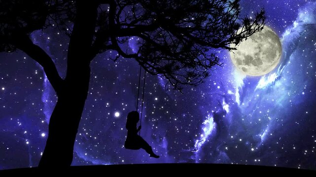 Animated silhouette of a girl swinging from a tree under a glowing full moon and endless starry night sky, radiating wonder, dreamlike beauty, and cosmic imagination. 4k footage