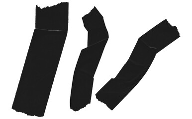 Black Duct Tape Strips Set for Repairs and Crafts Realistic Adhesive Tape Pieces for Mockups and Design Projects on Transparent Backdrop.