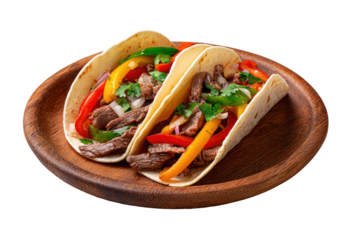 Two tacos filled with seasoned beef, bell peppers, and onions, served on a wooden plate