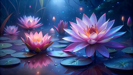 A stunning pink water lily with a purple hue blooms peacefully in a tranquil pond, its delicate petals reflecting the natural beauty of the aquatic garden