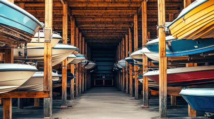 A wooden boat storage facility with multiple boats of varying colors and sizes, arranged in rows and columns, with wooden beams and a concrete floor.