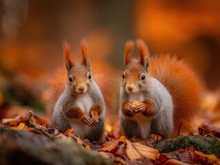 Obraz premium Two red squirrels eating nuts in autumn forest ground level close up portrait wildlife nature photography