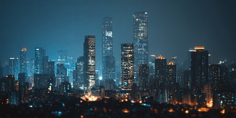 Aerial View of a Modern City Skyline at Night with Illuminated Skyscrapers, Urban Landscape and Bright Lights in the Background