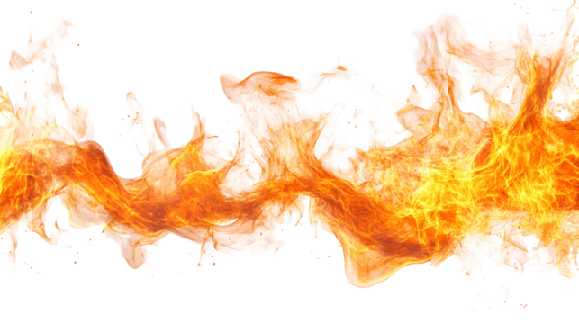 Dynamic Fire Stream with Orange and Yellow Flames on a Transparent Background, Perfect for Graphic Designs