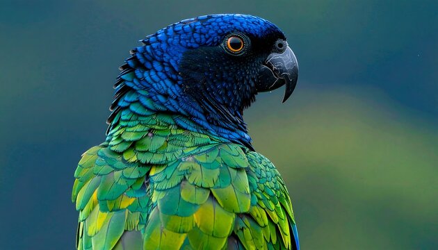 A vibrant close-up of a parrot's colorful plumage, showcasing a spectrum of blues and greens, with a soft-focus background.