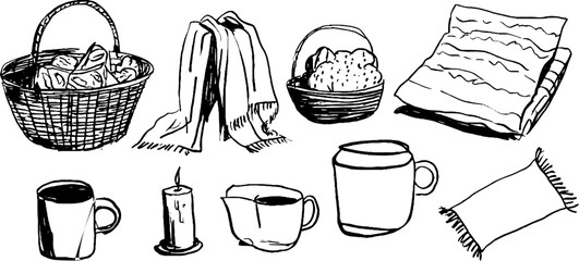 Black and white hand-drawn sketch set of basket and household items