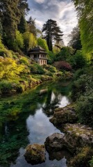 Fototapeta premium Serene Japanese Tea House Overlooking Clear Stream in Lush Green Garden Landscape at Powerscourt Ireland