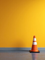 Orange traffic cone stands against a bright yellow wall in a studio setting, low angle, safety and warning concept