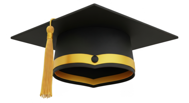 Classic graduation cap with gold tassel represents academic achievement and commencement ceremonies transparent background