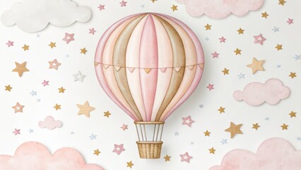 Pastel hand-drawn hot air balloon floating among clouds and stars in a whimsical nursery illustration.