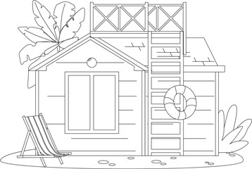 Fototapeta premium Tropical beach house black-and-white vector illustration