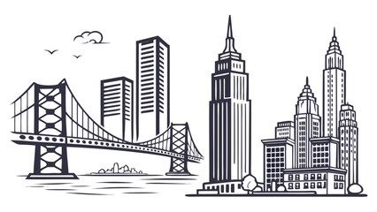 Naklejka premium Monochrome Cityscape Illustration with Bridge Skyscrapers and Stylized Buildings in a Clean Modern Design