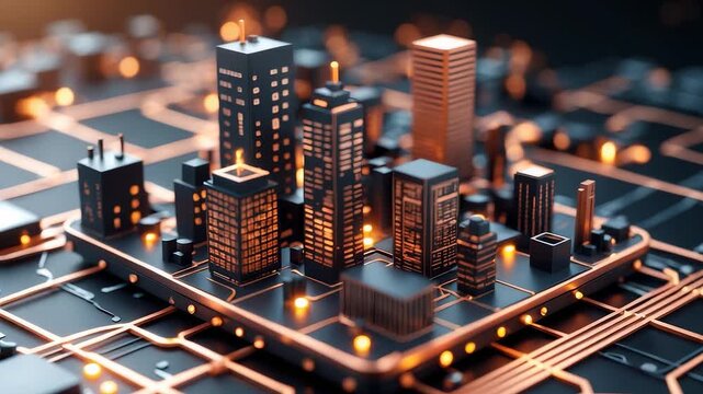 Futuristic miniature cityscape with glowing skyscrapers built on electronic circuit board concept of technology innovation and digital urbanization