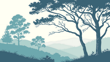 forest landscape illustration, tree silhouette art, nature scene drawing, mountain forest background, scenic landscape vector, tranquil nature design, woodland scenery art, peaceful forest wallpaper, 