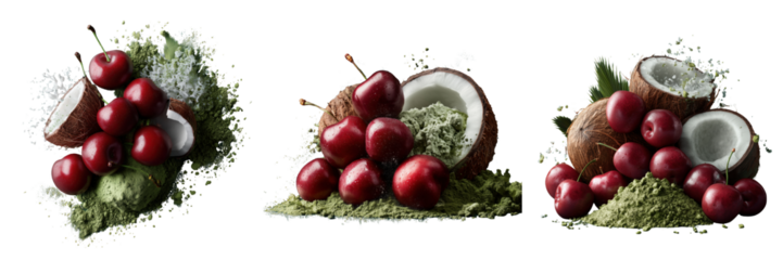 Fresh cherries and coconuts on transparent background