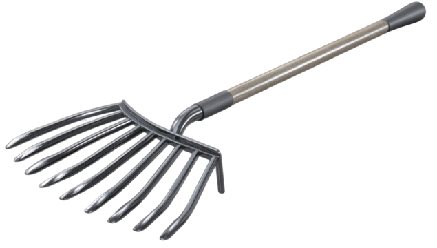 A garden rake, angled view