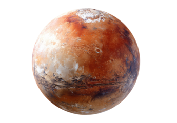 Close-up view of a rust-colored planet, showing varied textures and surface markings