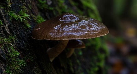 Fototapeta premium Wet Brown Mushroom with Water Droplets on Mossy Log in a Forest