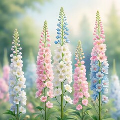 Tall pastel delphinium spikes in pink, blue and white bloom in a sunlit garden with a soft-focus background, evoking a serene romantic spring scene.