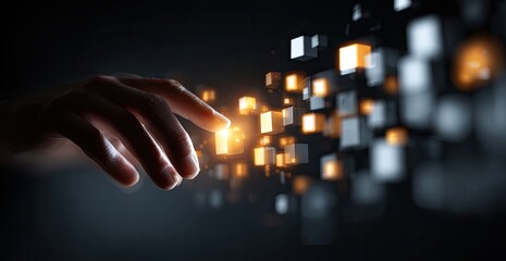 Hand interacting with digital cubes