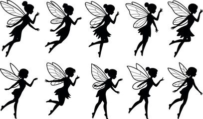Collection of ten silhouetted fairy figures in various graceful poses with detailed wing designs