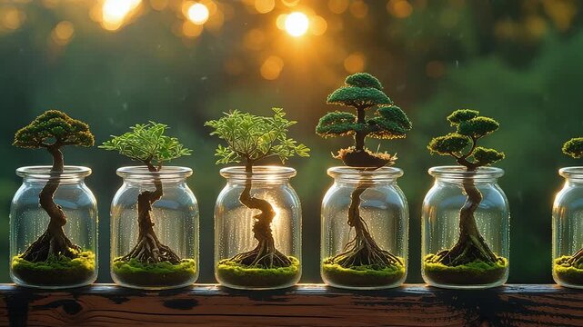 Row of miniature bonsai trees growing inside glass jars with moss arranged on wooden surface in natural sunlight outdoor garden setting