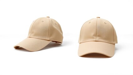 Fototapeta premium Two beige baseball caps, one shown from the side and one from the front, isolated on a white background.