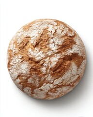 Round loaf of sourdough bread on white background studio shot overhead view artisan bakery rustic food photography