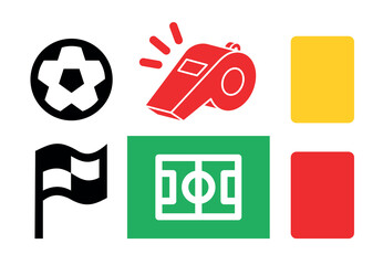 Set of icons football field, ball and whistle with flag. Attribute of football match, Soccer or championship. Symbol of sport, goal or game. © Checha