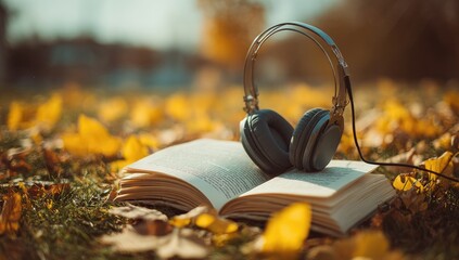 Open book with headphones on autumn leaves