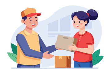 Delivery Service Illustration Featuring Delivery Man Handing a Box to a Smiling Customer in a Friendly and Efficient Manner