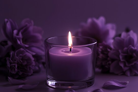 A purple candle burns brightly surrounded by flowers in a serene setting - Powered by Adobe