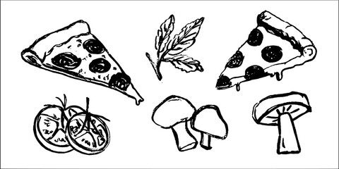 Black and white sketch pizza set with toppings and slices for design projects