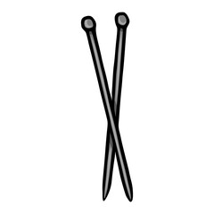 A vector illustration of a pair of crossed knitting needles, depicted in grayscale with a hand drawn style, featuring a distinct bold black outline and subtle shading for a three dimensional effect.